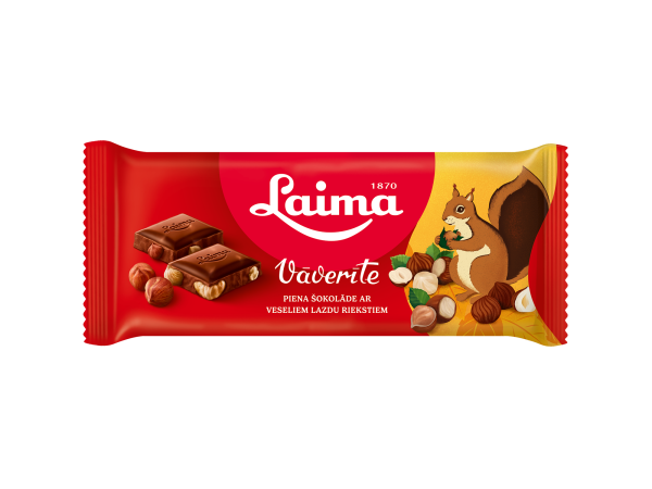 PIENA ŠOKOLĀDE VĀVERĪTE AR VESELIEM LAZDU RIEKSTIEM 90g